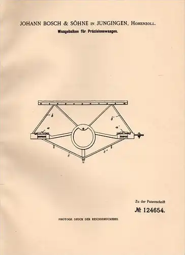 Original Patentschrift - J. Bosch in Jungingen b. Hechingen , 1900 , Präcisionswaage - Waagebalken , Waage !!!