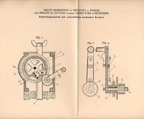 Original Patentschrift - J. Silbereisen in Neustift b. Passau , 1901 , Zahnstangenwinde mit Bremse , Winde !!!