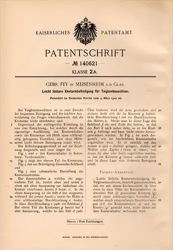 Original Patentschrift - Gebr. Fey in Meisenheim a.d. Glan , 1902 , Befestigung für Teigknetmaschine , Bäckerei , Bäcker