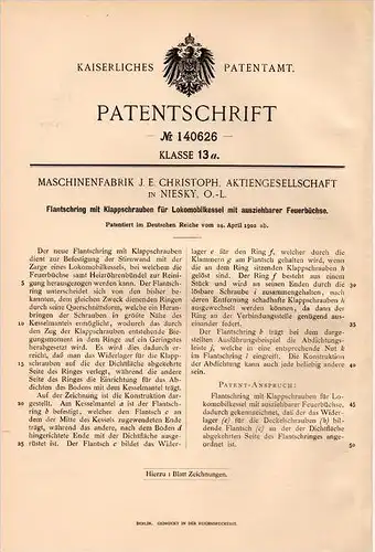 Original Patentschrift - J.E. Christoph in Niesky , 1902 , Lokomobilkessle - Flanschring , Lokomobile !!!