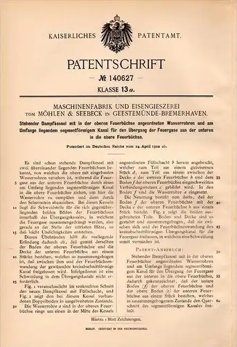 Original Patentschrift - T. Möhlen & Seebeck in Geestemünde - Bremerhaven , 1902 , stehender Dampfkessel !!!