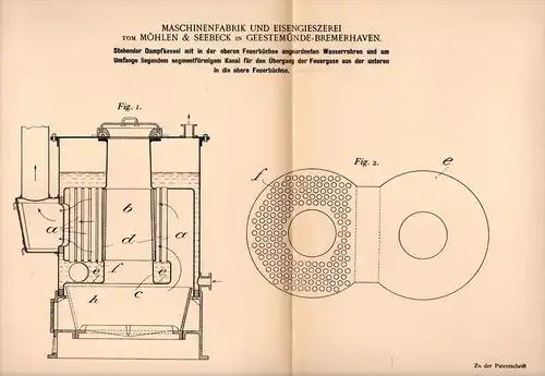 Original Patentschrift - T. Möhlen & Seebeck in Geestemünde - Bremerhaven , 1902 , stehender Dampfkessel !!!