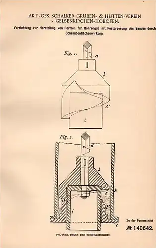 Original Patentschrift - Schalker Gruben AG in Gelsenkirchen - Hohöfen , 1901 , Herstellung von Gußformen !!!