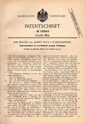 Original Patentschrift -A. Naue und J. Walter in Ilversgehofen b. Erfurt ,1902, Schornstein - Aufsatz , Schornsteinfeger