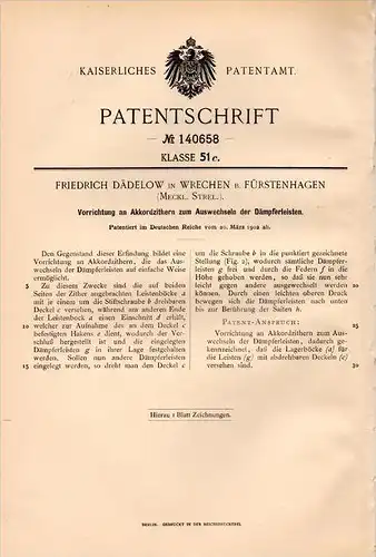 Original Patentschrift - F. Dädelow in Wrechen , Meckl. - Strelitz , 1902 , Apparat für Zither , Instrument , Musik  !!!