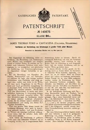Original Patentschrift - J.Th. Ford in Cartagena , Columbia ,1902, Gründung in tiefem Wasser , Brückenbau , Hafen , Damm