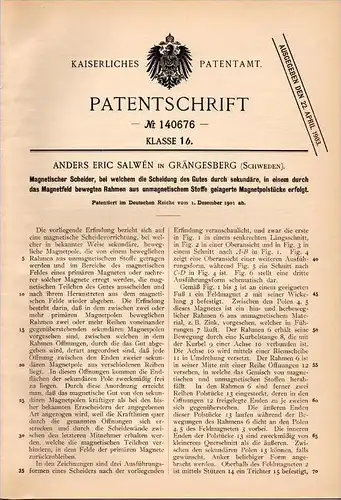 Original Patentschrift - A. Salwén in Grängesberg , Sweden , 1901 , magnetischer Scheider , Magnet !!!