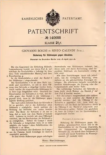 Original Patentschrift - G. Bogni in Sesto Calende , 1902 , Fusibile per le lampadine, lampada , Italia !!!