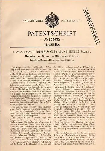 Original Patentschrift - A. Rigaud Freres à Saint Junien , 1900 , Machine pour la peau et le cuir !!!