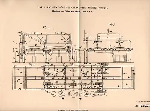 Original Patentschrift - A. Rigaud Freres à Saint Junien , 1900 , Machine pour la peau et le cuir !!!