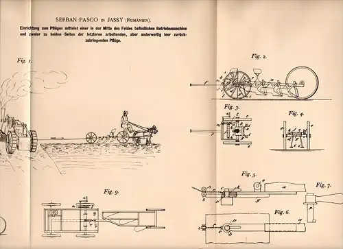 Original Patentschrift - S. Pasco in Jassy / Ia&#537;i , Romania ,1900, Pflug für Pferd und Maschine , Landwirtschaft ,