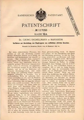 Original Patentschrift - Dr. G. Eschellmann in Mannheim , 1897 , Diaphragma aus Gewebe , Frauenarzt , Verhütung , Arzt !