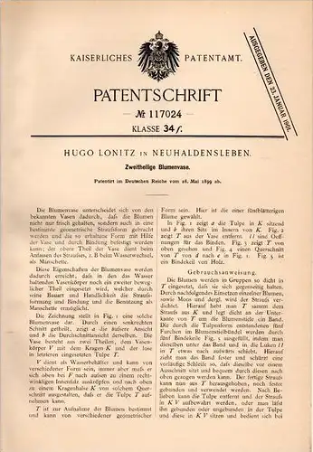 Original Patentschrift - H. Lonitz in Haldensleben , 1899 , zweiteilige Blumenvase , Blumen , Vase , Floristik !!!