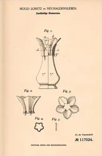 Original Patentschrift - H. Lonitz in Haldensleben , 1899 , zweiteilige Blumenvase , Blumen , Vase , Floristik !!!