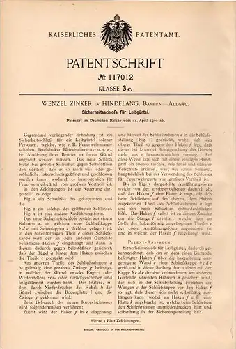 Original Patentschrift - W. Zinker in Hindelang , Allgäu , 1900, Leibgürtel - Sicherheitsschloß , Feuerwehr , Dachdecker