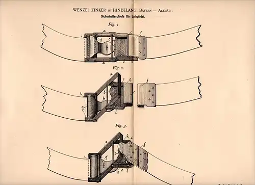 Original Patentschrift - W. Zinker in Hindelang , Allgäu , 1900, Leibgürtel - Sicherheitsschloß , Feuerwehr , Dachdecker