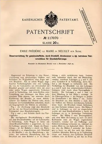 Original Patentschrift - E. F. le Maire à Neuilly sur Seine , 1898 , Commande pneumatique pour portes ferroviaires !!!