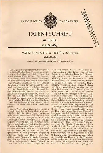 Original Patentschrift - M. Nilsson in Hohög , Sweden , 1899 , Milch - Schleuder !!!