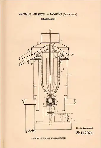 Original Patentschrift - M. Nilsson in Hohög , Sweden , 1899 , Milch - Schleuder !!!