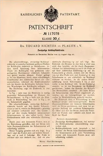 Original Patentschrift - Dr. E. Richter in Plauen i.V., 1899 , Kehlkopf - Elektrode , Arzt , Krankenhaus !!!
