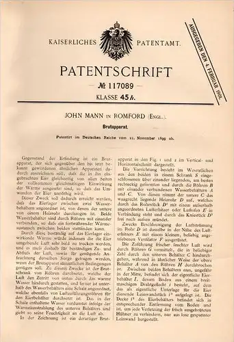 Original Patentschrift - John Mann in Romford , 1899 , Incubator for eggs, chicken !!!