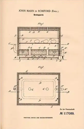 Original Patentschrift - John Mann in Romford , 1899 , Incubator for eggs, chicken !!!