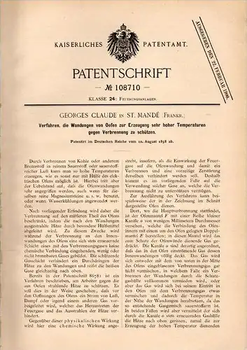 Original Patentschrift - G. Claude à Saint Mandé , 1898 , Le chauffage à des températures très élevées !!!