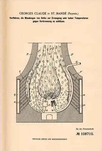 Original Patentschrift - G. Claude à Saint Mandé , 1898 , Le chauffage à des températures très élevées !!!