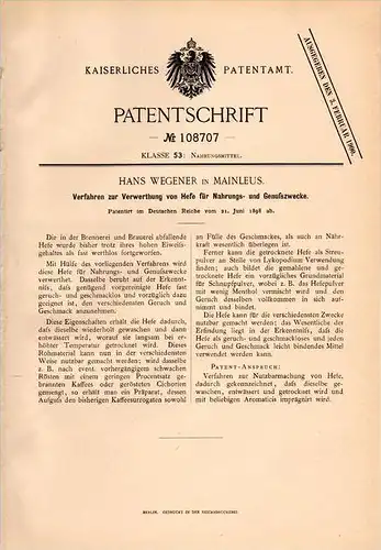 Original Patentschrift - H. Wegener in Mainleus b. Kulmbach , 1898 , Hefe als Nahrungsmittel , Genußmittel , Brauerei !!