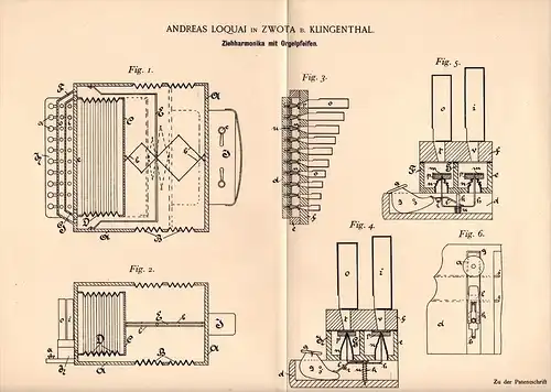 Original Patentschrift - A. Loquai in Zwota b. Klingenthal , 1898 , Ziehharmonika mit Orgelpfeifen , Akkordeon , Orgel !