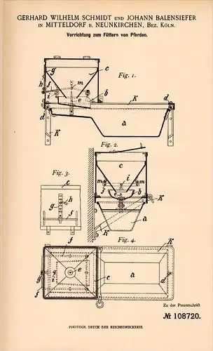 Original Patentschrift -J. Balensiefer in Mitteldorf b. Neunkirchen ,1899, Apparat zum Pferde - Füttern , Landwirtschaft