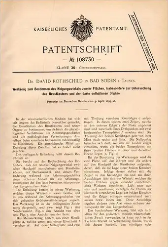 Original Patentschrift -Dr. D. Rothschild in Bad Soden i. Taunus 1899, Werkzeug zur Untersuchung, Organe , Arzt , Klinik