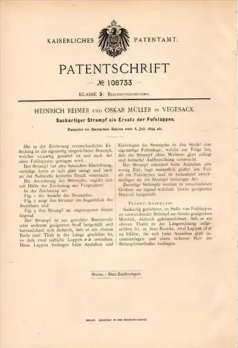 Original Patentschrift - H. Reimer und O. Müller in Vegesack b. Bremen , 1899 , Strumpf als Fußlappen , Kleidung !!!