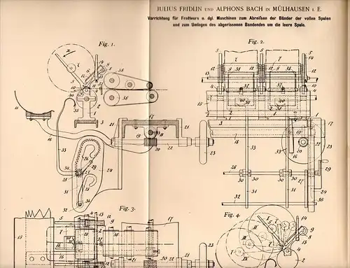 Original Patentschrift - J. Fridlin et A. Bach in Mulhouse à. Els., 1899, Appareil pour machine à frotteur, la filature