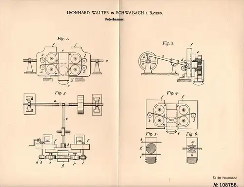 Original Patentschrift - L. Walter in Schwabach i. Bayern , 1899 , Federhammer , Metallbau , Metall !!!