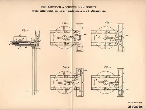 Original Patentschrift - E. Bruksch in Schönbrunn b. Görlitz , 1899 , Sicherung für Kraftmaschine , Dampfmaschine !!!