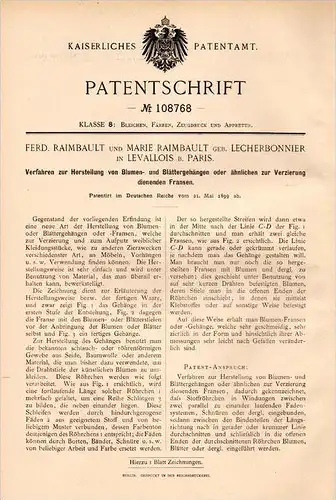 Original Patentschrift - F. Raimbault à Levallois , Paris , 1899 , La production de fleurs et de feuilles décoration !!!