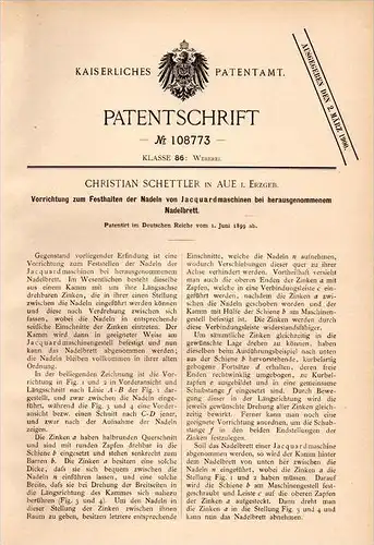 Original Patentschrift - Ch. Schettler in Aue i. Erzgeb., 1899 , Apparat für Jacquardmaschinen , Weberei , Webstuhl !!!