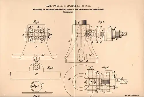 Original Patentschrift - Carl Twer in Eschweiler , 1898 , Maschine zur Gasröhren - Herstellung , Gas , Metallbau !!!