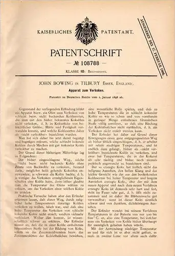 Original Patentschrift - J. Bowing in Tilbury , Essex , 1898 , Apparatus for coking coal, fuel !!!
