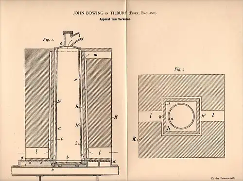 Original Patentschrift - J. Bowing in Tilbury , Essex , 1898 , Apparatus for coking coal, fuel !!!