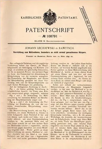 Original Patentschrift - J- Leciejewski in Rawitsch / Rawicz , 1899 , Kleidung für Behinderte , Behinderung , Näherei !!