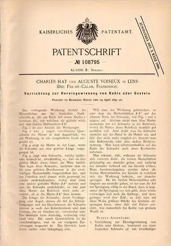Original Patentschrift - C. Hay et A. Voiseux à Lens , 1899 , Appareil pour l´extraction de charbon et de la roche !!!