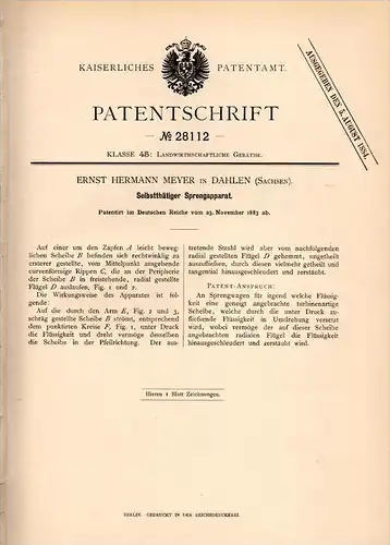 Original Patentschrift - E. Meyer in Dahlen i. Sa., 1883 , Sprengapparat , Landwirtschaft , Ackerbau , Bauer !!!