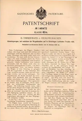 Original Patentschrift - D. Timmermans in Recklinghausen , 1900 , Gleisringwagen , Gleis , Eisenbahn !!!