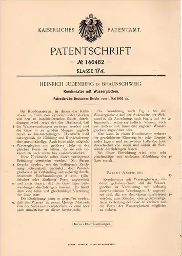 Original Patentschrift - H. Judenberg in Braunschweig , 1903 , Kondensator mit Wasserglocken !!!