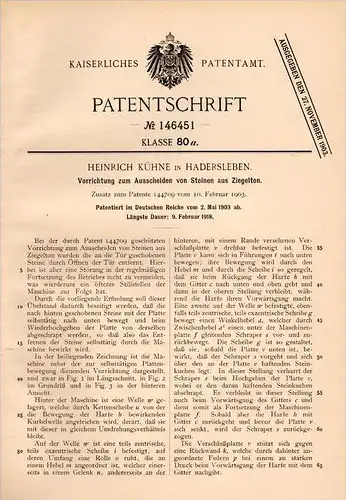 Original Patentschrift - H. Kühne in Hadersleben , 1903 , Apparat für Steine aus Ziegelton , Ziegelei , Ziegel !!!