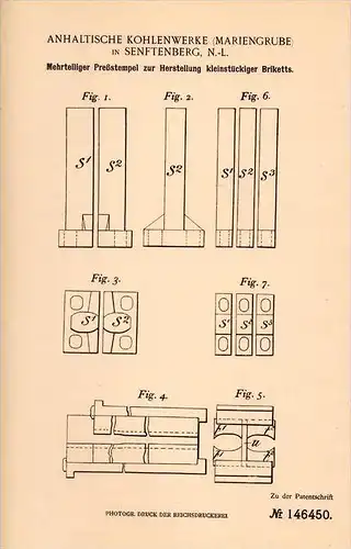 Original Patentschrift - Anhalt. Kohlenwerke in Senftenberg , 1903 , Brikett - Preßstempel , Kohle , Briketts , Bergbau