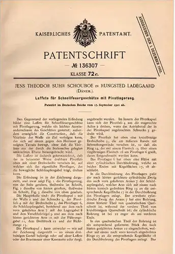 Original Patentschrift - J.T. Schouboe in Rungsted Ladegaard , 1901 , Lafette für Schnellfeuergeschütz , Dänemark !!!