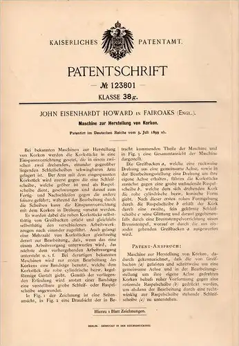 Original Patentschrift - J. Howard in Fair Oak , 1899 , Machine for the production of cork !!!